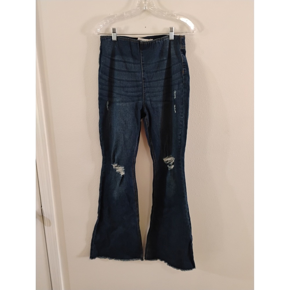 Tinseltown Womens Distressed Pull On Flare Jeans Dark Wash Bell Bottom Size 11
